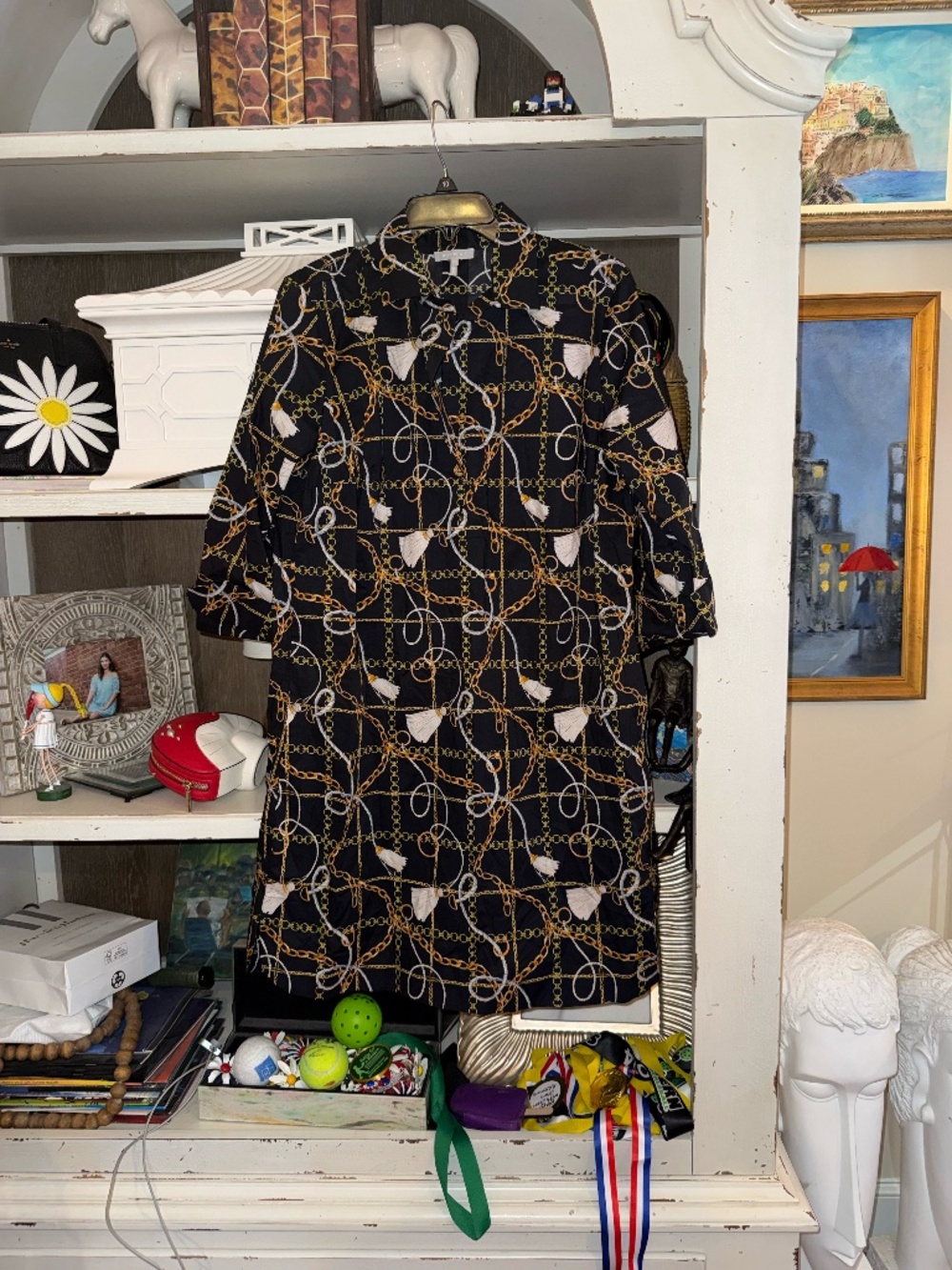 Hinson Wu Medium M black patterned shirtdress chain tassel dress